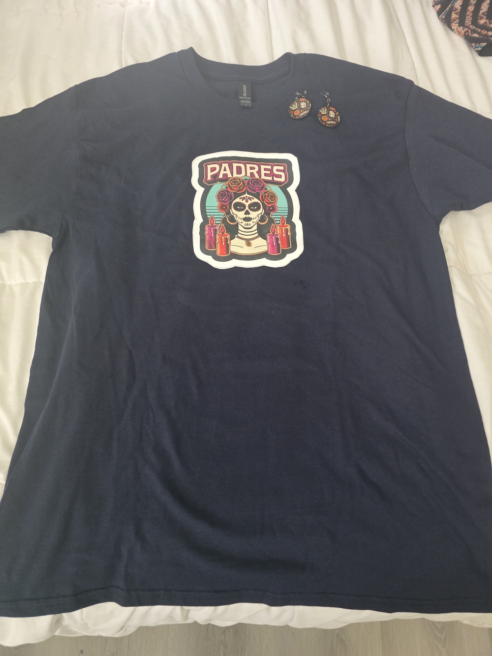 Padres Navy  Graphic Tee - Day of the Dead Design plus matching earings
